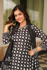 Black Cotton Blend Geometric Printed Straight Kurta Trousers With Dupatta VKSKD2393