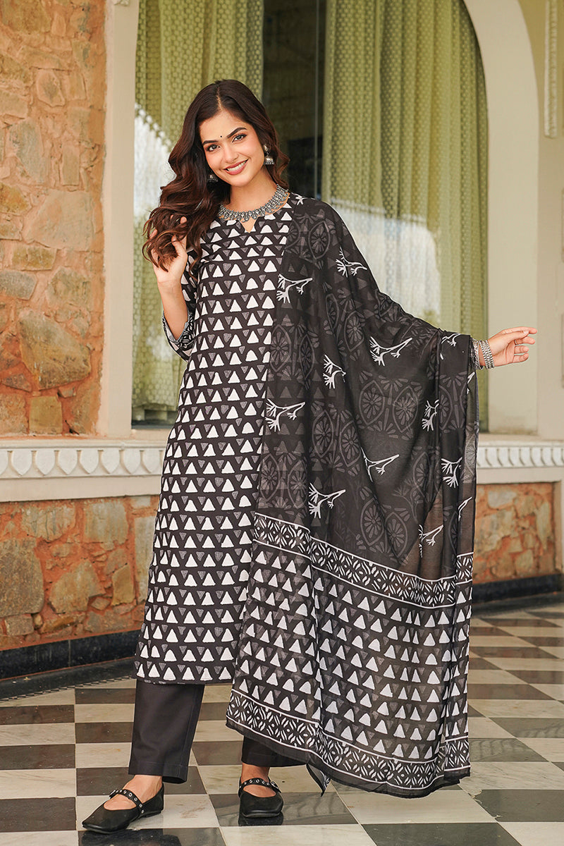 Black Rayon Blend Geometric Printed Straight Kurta Trousers With Dupatta VKSKD2393