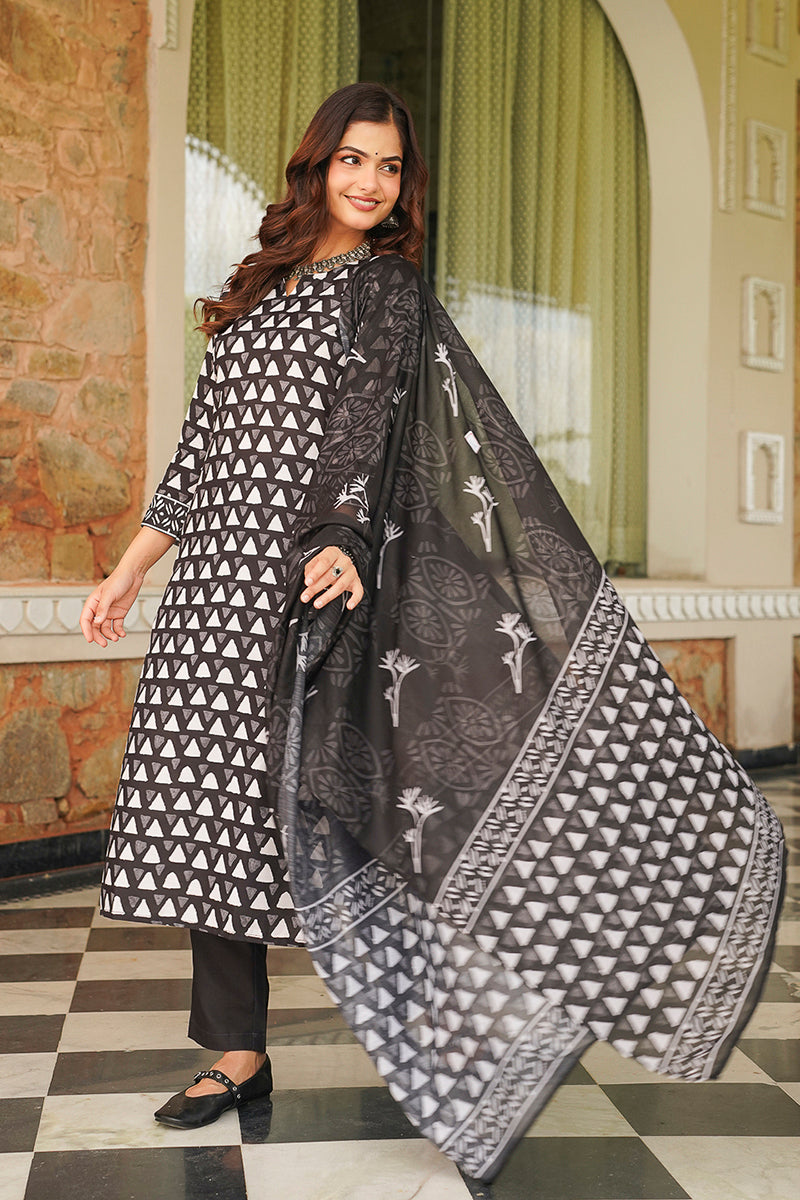 Black Rayon Blend Geometric Printed Straight Kurta Trousers With Dupatta VKSKD2393