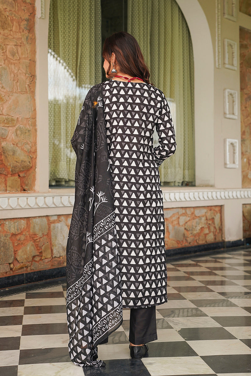 Black Rayon Blend Geometric Printed Straight Kurta Trousers With Dupatta VKSKD2393