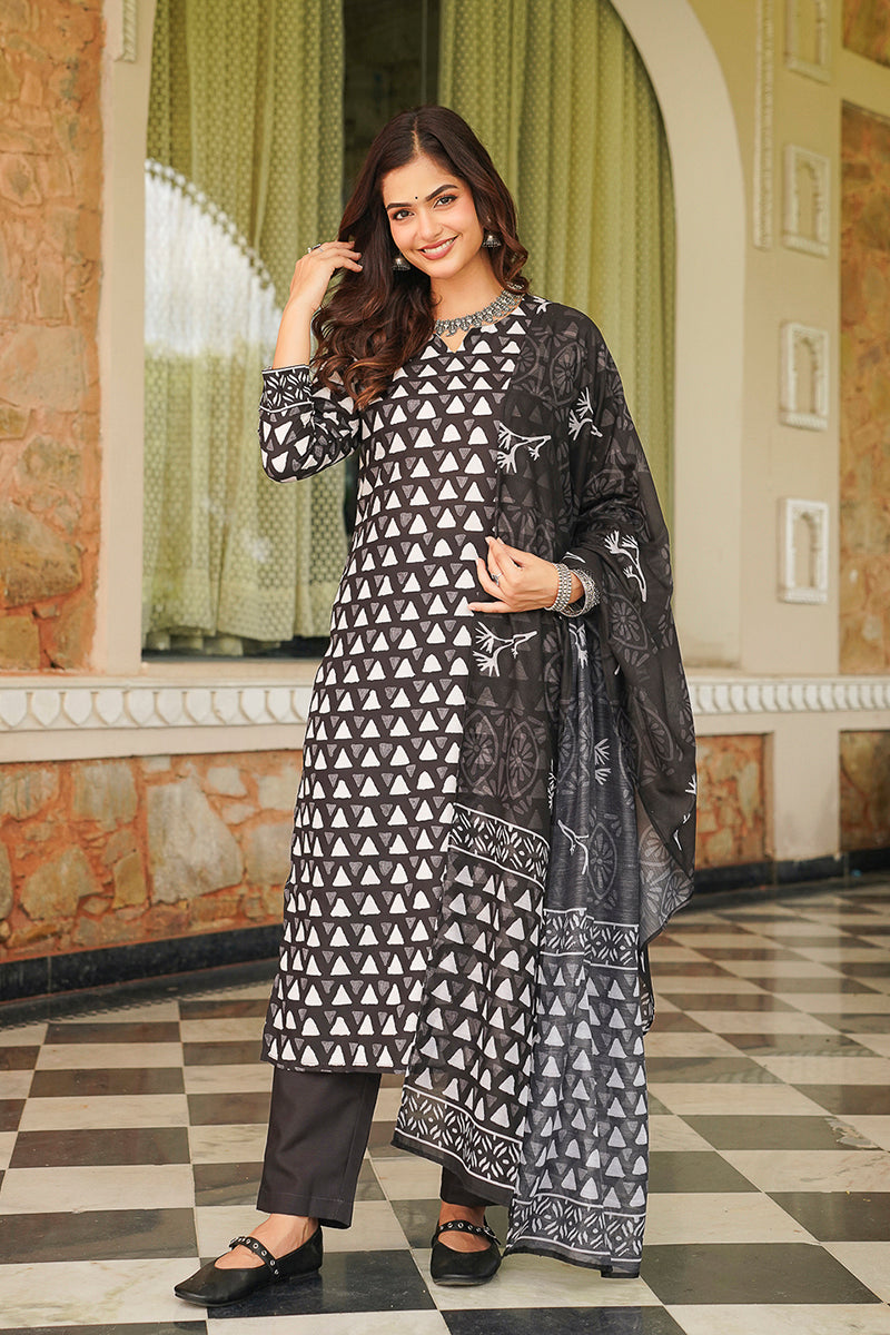 Black Rayon Blend Geometric Printed Straight Kurta Trousers With Dupatta VKSKD2393