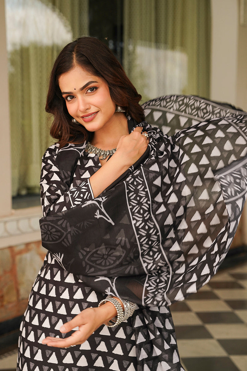 Black Rayon Blend Geometric Printed Straight Kurta Trousers With Dupatta VKSKD2393