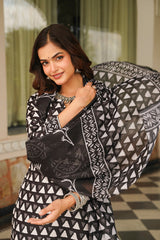 Black Cotton Blend Geometric Printed Straight Kurta Trousers With Dupatta VKSKD2393