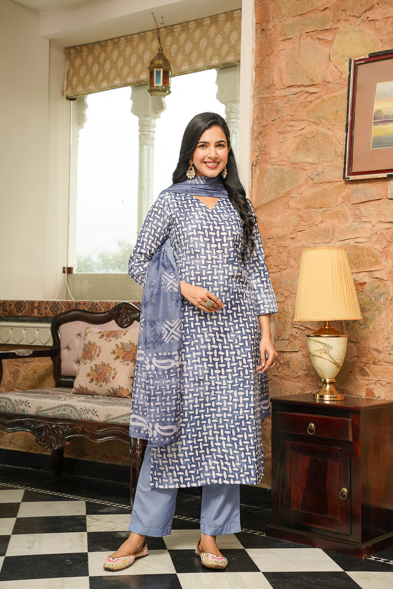 Blue Rayon Blend Batik Printed Straight Kurta Trousers With Dupatta VKSKD2395