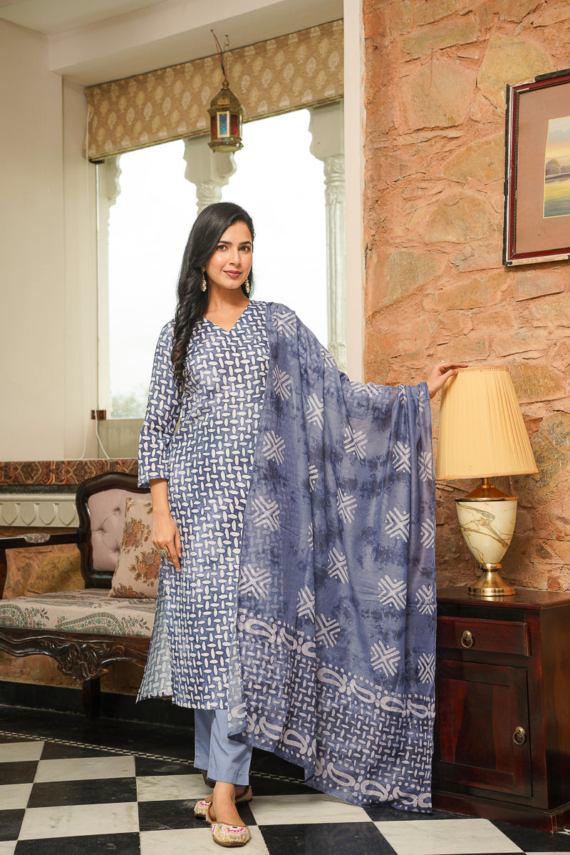 Blue Rayon Blend Batik Printed Straight Kurta Trousers With Dupatta VKSKD2395