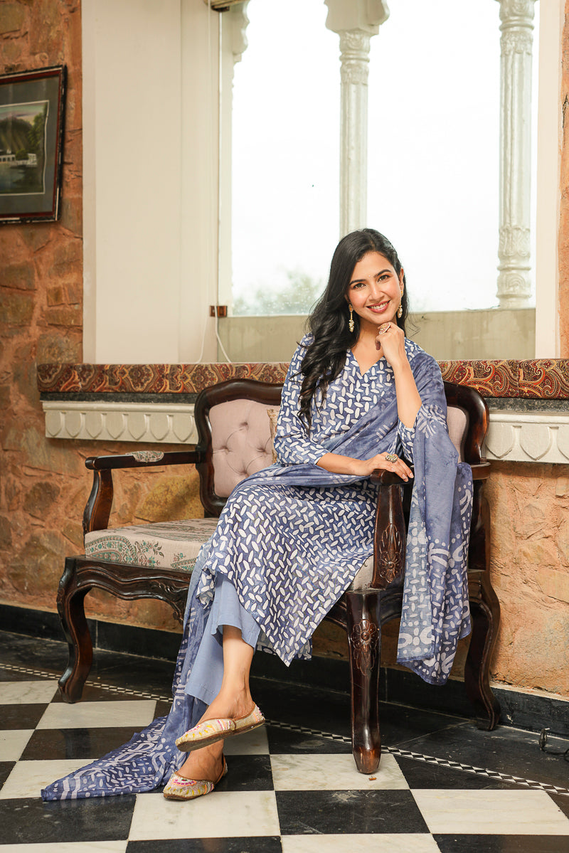 Blue Rayon Blend Batik Printed Straight Kurta Trousers With Dupatta VKSKD2395