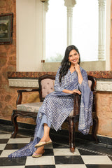 Blue Cotton Blend Batik Printed Straight Kurta Trousers With Dupatta VKSKD2395