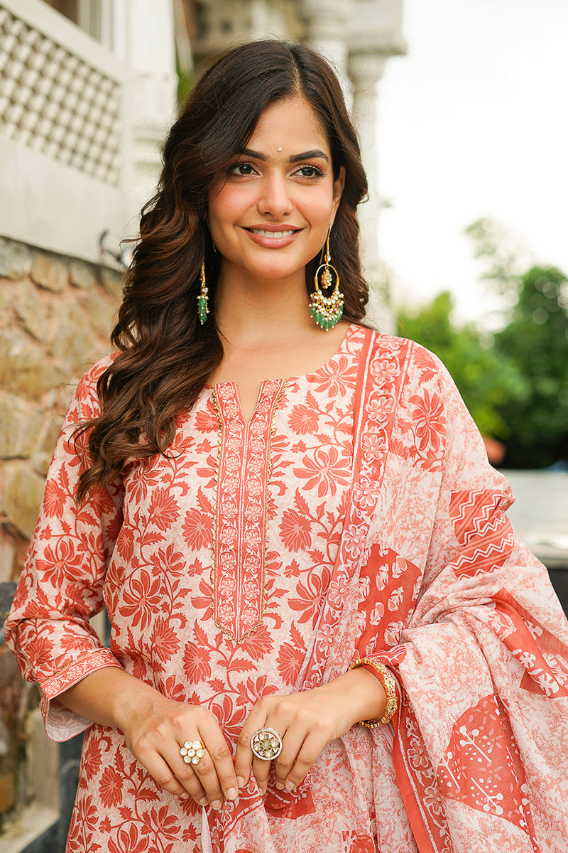 Orange Rayon Blend Floral Printed Straight Kurta Trousers With Dupatta VKSKD2396
