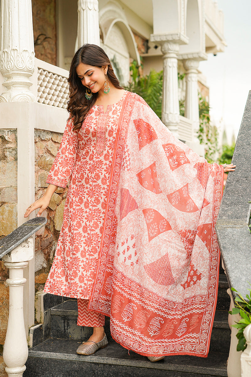 Orange Rayon Blend Floral Printed Straight Kurta Trousers With Dupatta VKSKD2396