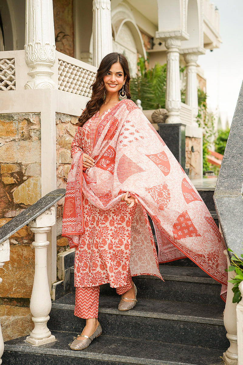 Orange Rayon Blend Floral Printed Straight Kurta Trousers With Dupatta VKSKD2396