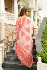 Orange Cotton Blend Floral Printed Straight Kurta Trousers With Dupatta VKSKD2396