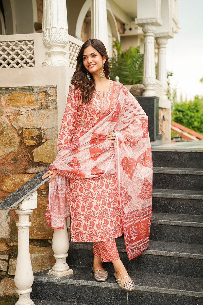 Orange Rayon Blend Floral Printed Straight Kurta Trousers With Dupatta VKSKD2396