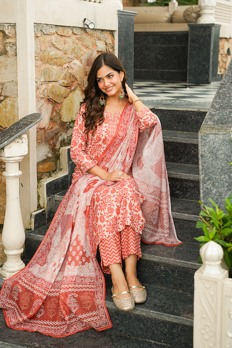 Orange Rayon Blend Floral Printed Straight Kurta Trousers With Dupatta VKSKD2396