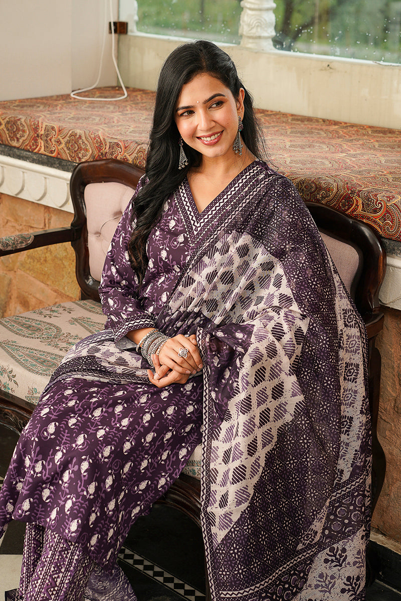 Purple Rayon Blend Ethnic Motifs Printed Straight Kurta Trousers With Dupatta VKSKD2397