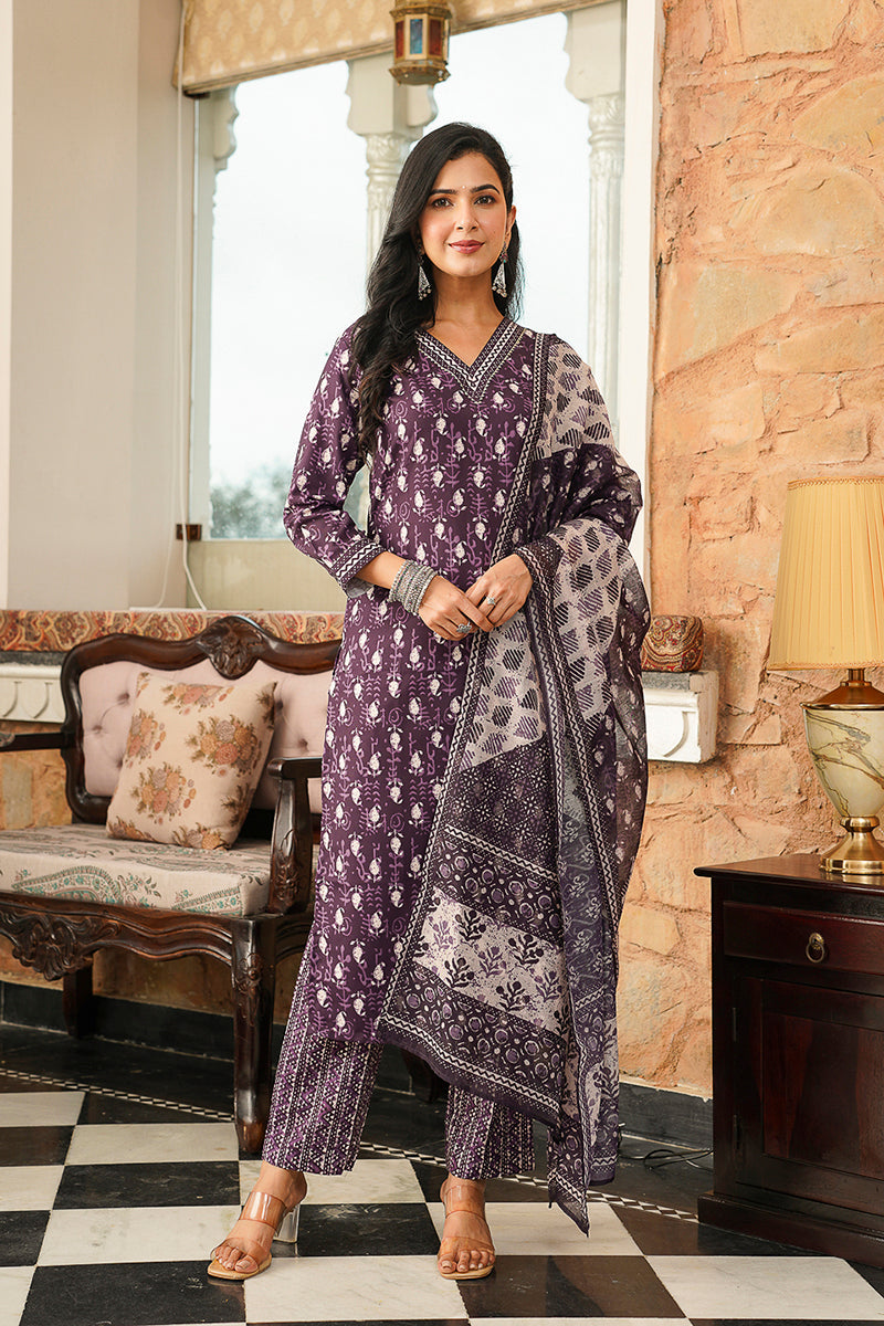 Purple Rayon Blend Ethnic Motifs Printed Straight Kurta Trousers With Dupatta VKSKD2397