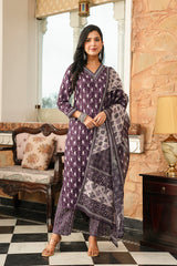 Purple Cotton Blend Ethnic Motifs Printed Straight Kurta Trousers With Dupatta VKSKD2397