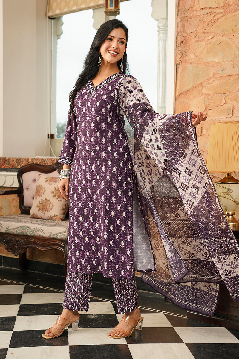 Purple Rayon Blend Ethnic Motifs Printed Straight Kurta Trousers With Dupatta VKSKD2397