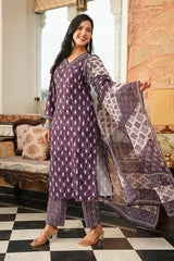 Purple Cotton Blend Ethnic Motifs Printed Straight Kurta Trousers With Dupatta VKSKD2397