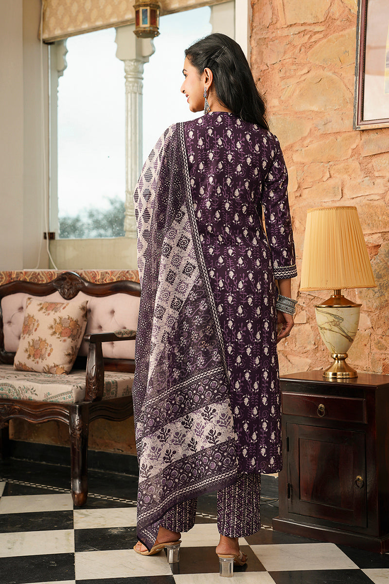 Purple Rayon Blend Ethnic Motifs Printed Straight Kurta Trousers With Dupatta VKSKD2397