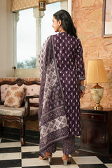 Purple Cotton Blend Ethnic Motifs Printed Straight Kurta Trousers With Dupatta VKSKD2397