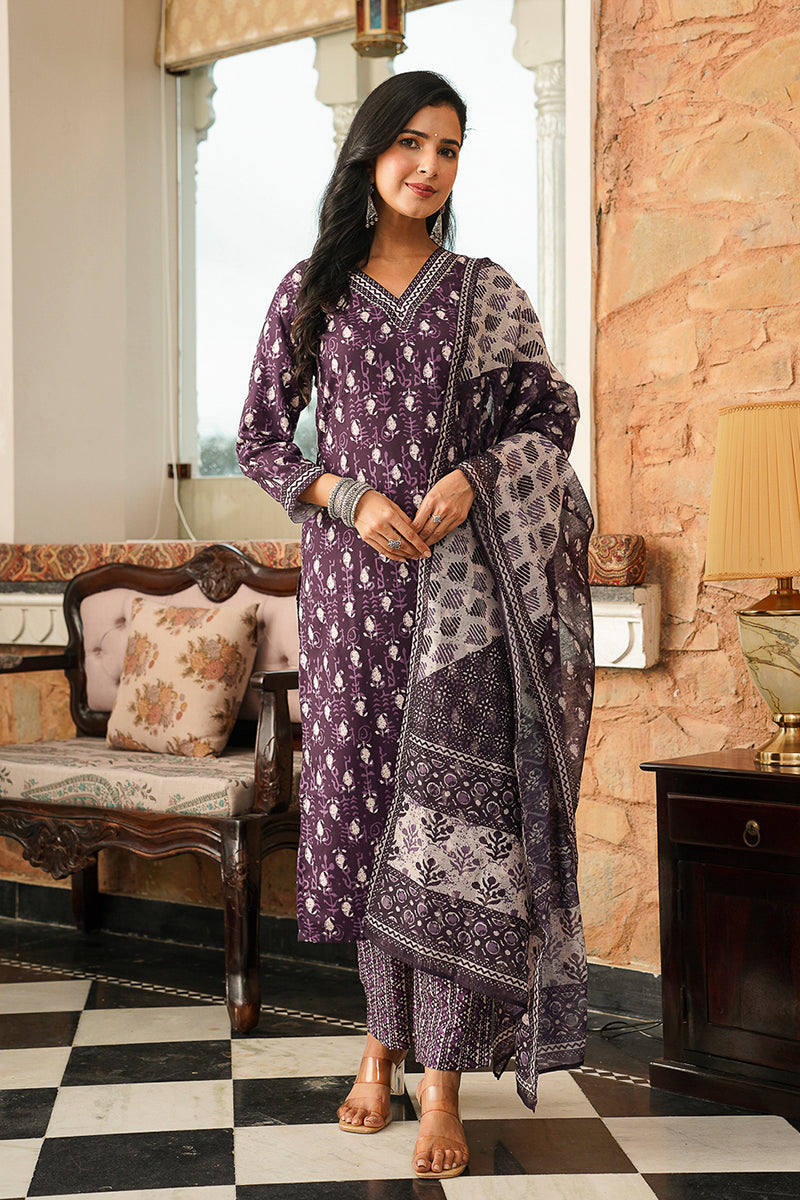 Purple Rayon Blend Ethnic Motifs Printed Straight Kurta Trousers With Dupatta VKSKD2397