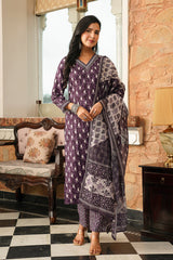 Purple Cotton Blend Ethnic Motifs Printed Straight Kurta Trousers With Dupatta VKSKD2397