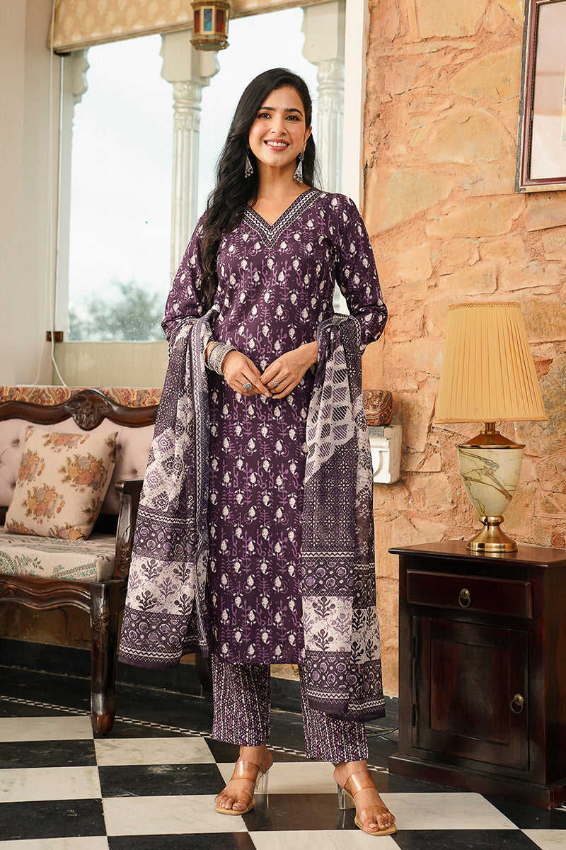 Purple Rayon Blend Ethnic Motifs Printed Straight Kurta Trousers With Dupatta VKSKD2397