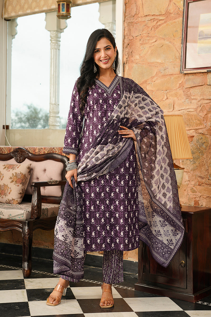 Purple Rayon Blend Ethnic Motifs Printed Straight Kurta Trousers With Dupatta VKSKD2397