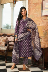 Purple Cotton Blend Ethnic Motifs Printed Straight Kurta Trousers With Dupatta VKSKD2397