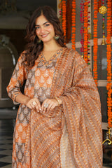 Multicolor Cotton Blend Ethnic Motifs Printed Straight Kurta Trousers With Dupatta VKSKD2398