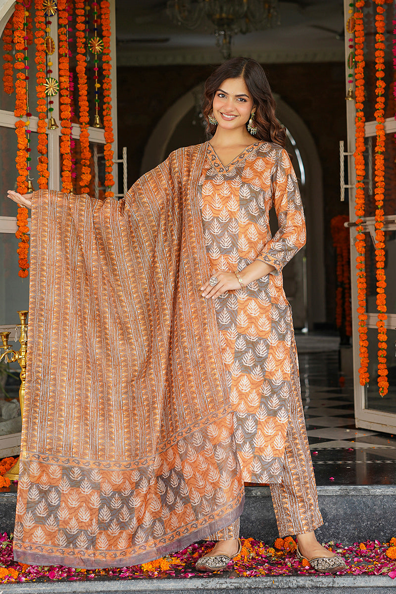 Multicolor Rayon Blend Ethnic Motifs Printed Straight Kurta Trousers With Dupatta VKSKD2398