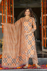 Multicolor Cotton Blend Ethnic Motifs Printed Straight Kurta Trousers With Dupatta VKSKD2398