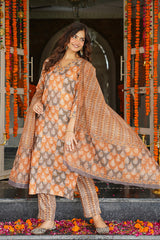 Multicolor Cotton Blend Ethnic Motifs Printed Straight Kurta Trousers With Dupatta VKSKD2398