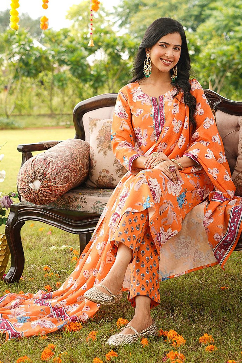 Orange Rayon Blend Floral Printed Straight Kurta Trousers With Dupatta VKSKD2399