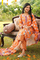 Orange Cotton Blend Floral Printed Straight Kurta Trousers With Dupatta VKSKD2399