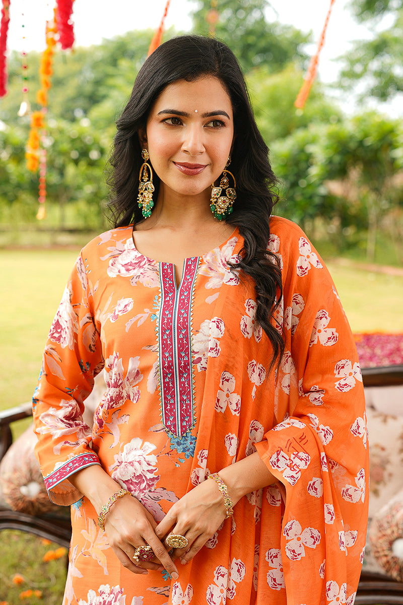 Orange Rayon Blend Floral Printed Straight Kurta Trousers With Dupatta VKSKD2399