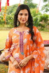 Orange Cotton Blend Floral Printed Straight Kurta Trousers With Dupatta VKSKD2399