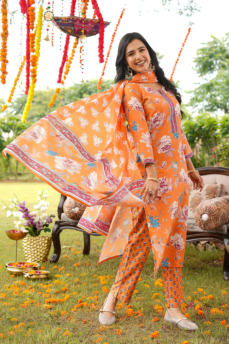 Orange Rayon Blend Floral Printed Straight Kurta Trousers With Dupatta VKSKD2399