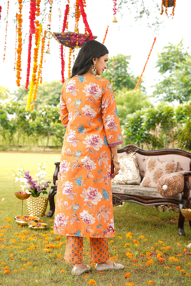 Orange Rayon Blend Floral Printed Straight Kurta Trousers With Dupatta VKSKD2399