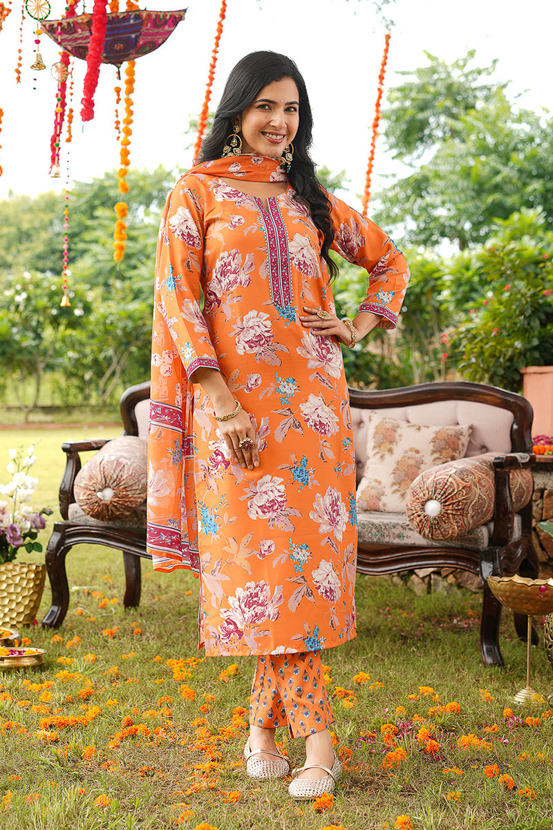 Orange Rayon Blend Floral Printed Straight Kurta Trousers With Dupatta VKSKD2399