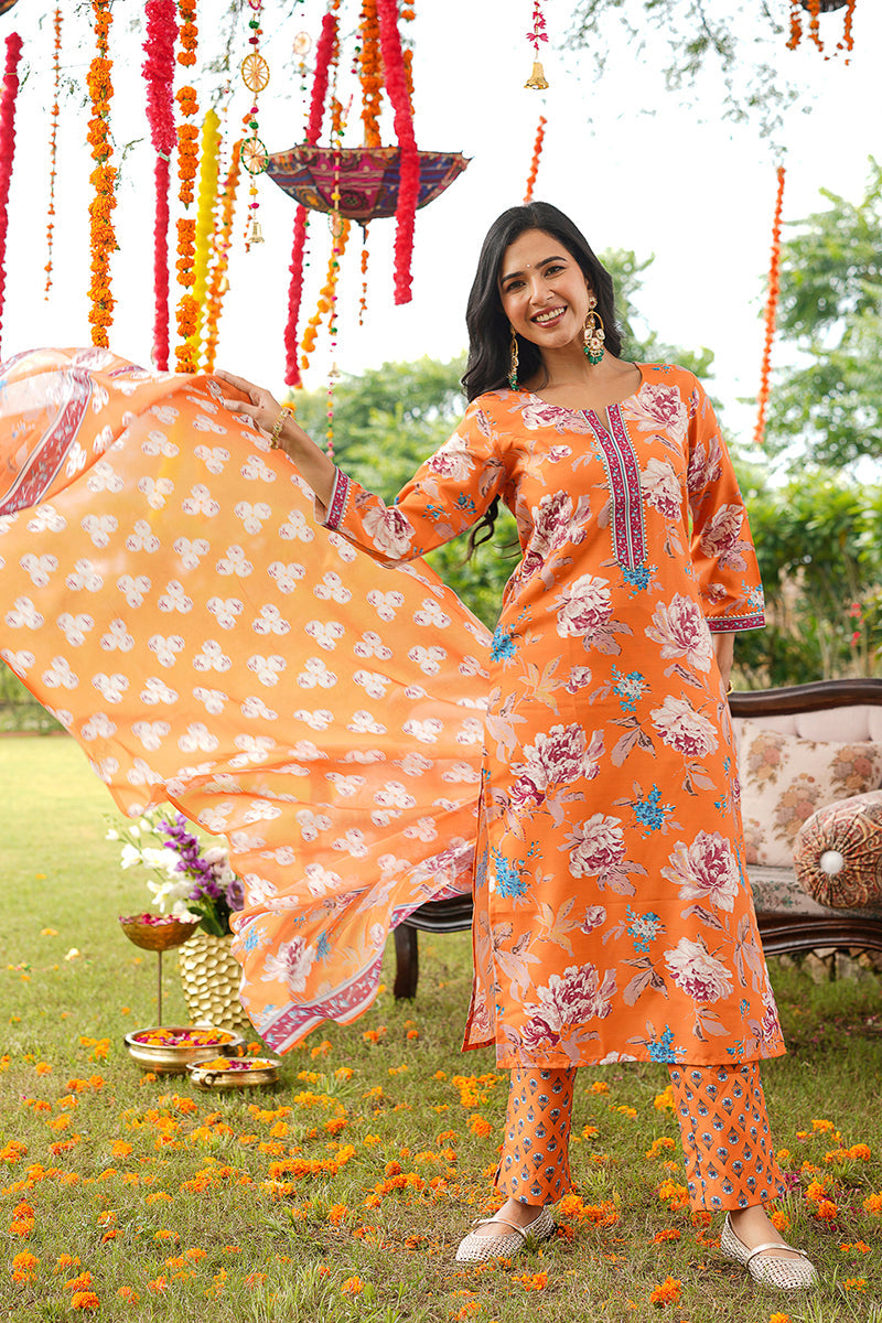 Orange Rayon Blend Floral Printed Straight Kurta Trousers With Dupatta VKSKD2399