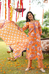 Orange Cotton Blend Floral Printed Straight Kurta Trousers With Dupatta VKSKD2399