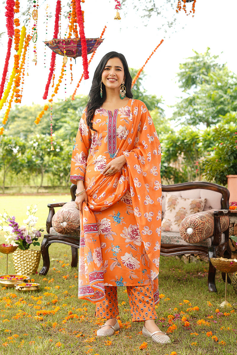 Orange Rayon Blend Floral Printed Straight Kurta Trousers With Dupatta VKSKD2399