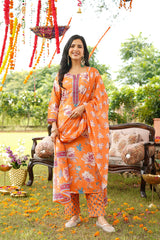 Orange Cotton Blend Floral Printed Straight Kurta Trousers With Dupatta VKSKD2399