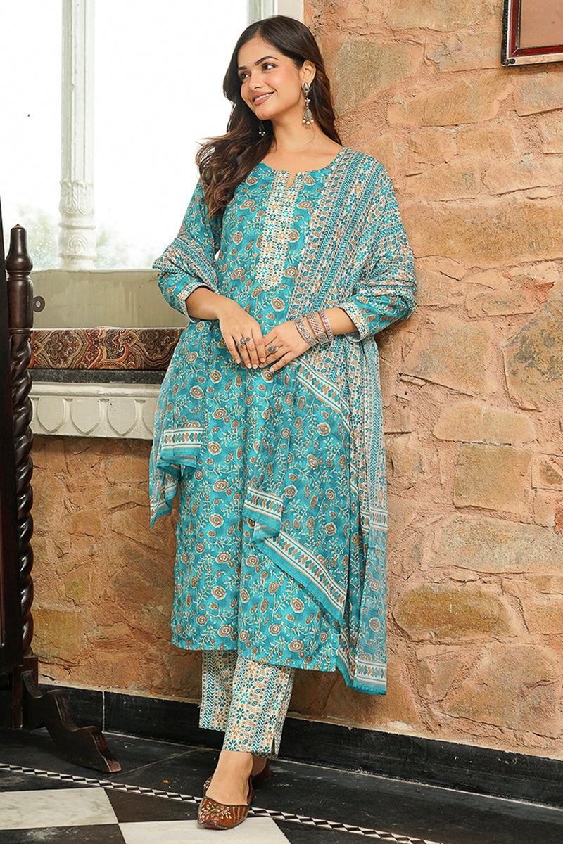Turquoise Blue Rayon Blend Floral Printed Straight Kurta Trousers With Dupatta VKSKD2400