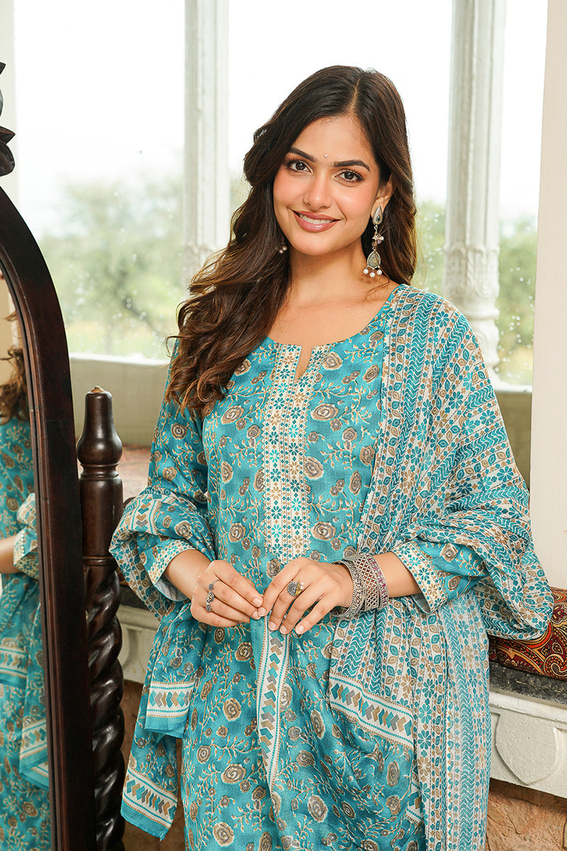 Turquoise Blue Rayon Blend Floral Printed Straight Kurta Trousers With Dupatta VKSKD2400