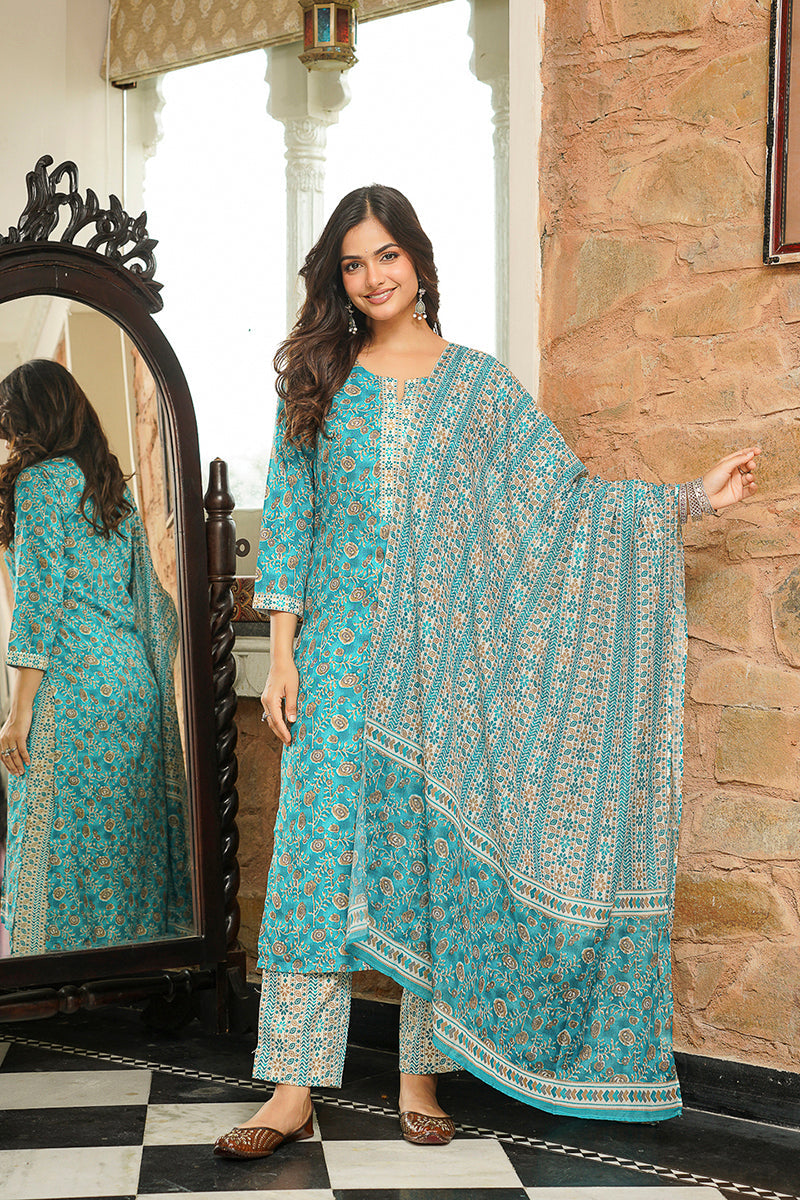 Turquoise Blue Rayon Blend Floral Printed Straight Kurta Trousers With Dupatta VKSKD2400
