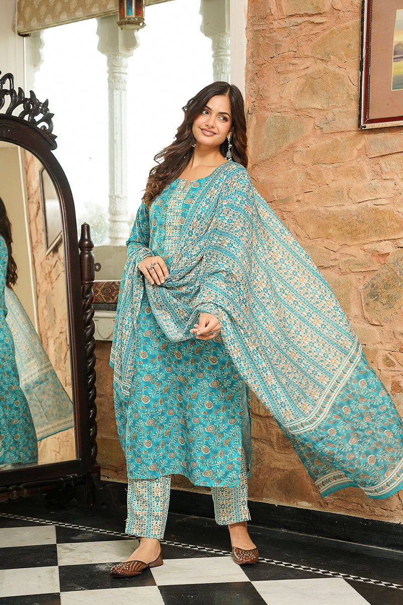 Turquoise Blue Rayon Blend Floral Printed Straight Kurta Trousers With Dupatta VKSKD2400