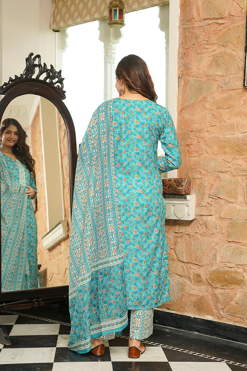 Turquoise Blue Rayon Blend Floral Printed Straight Kurta Trousers With Dupatta VKSKD2400