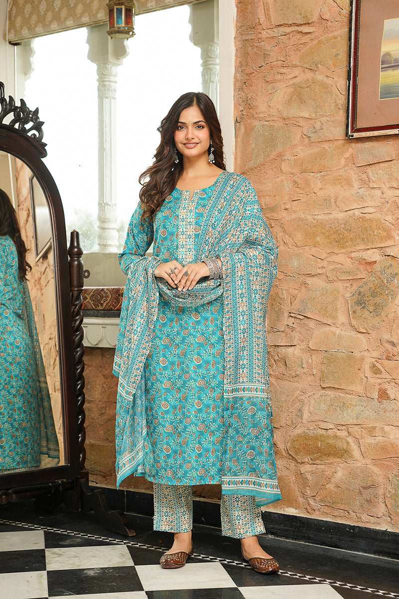 Turquoise Blue Rayon Blend Floral Printed Straight Kurta Trousers With Dupatta VKSKD2400